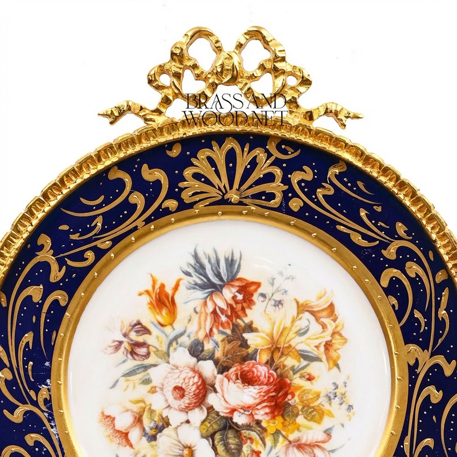 Sèvres-Style Cobalt Porcelain Decorative Wall Plate with Gilt Brass Floral Frame — Gold