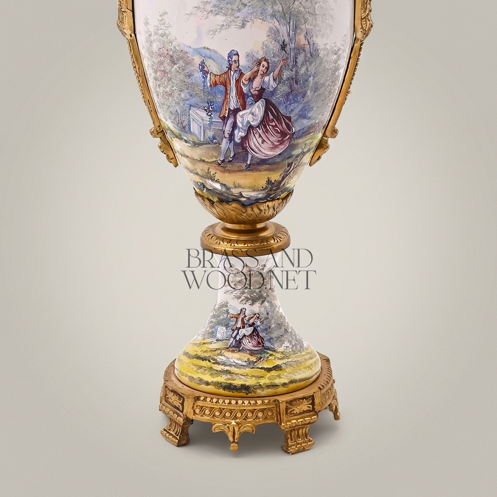 Sèvres-Style Hand-Painted Porcelain Urn Vase with Ormolu Mounts & Landscape Scene — Antique Gold