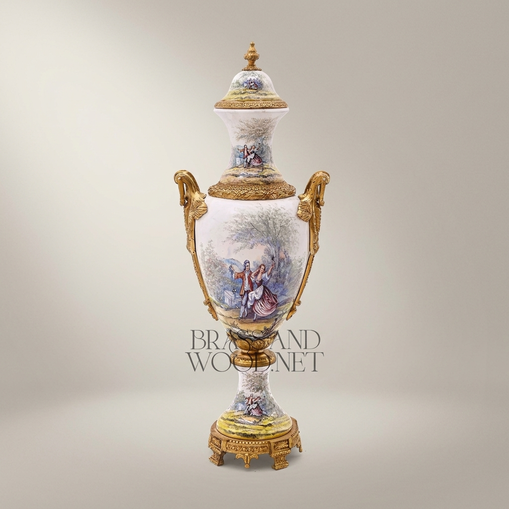 Sèvres-Style Hand-Painted Porcelain Urn Vase with Ormolu Mounts & Landscape Scene — Antique Gold