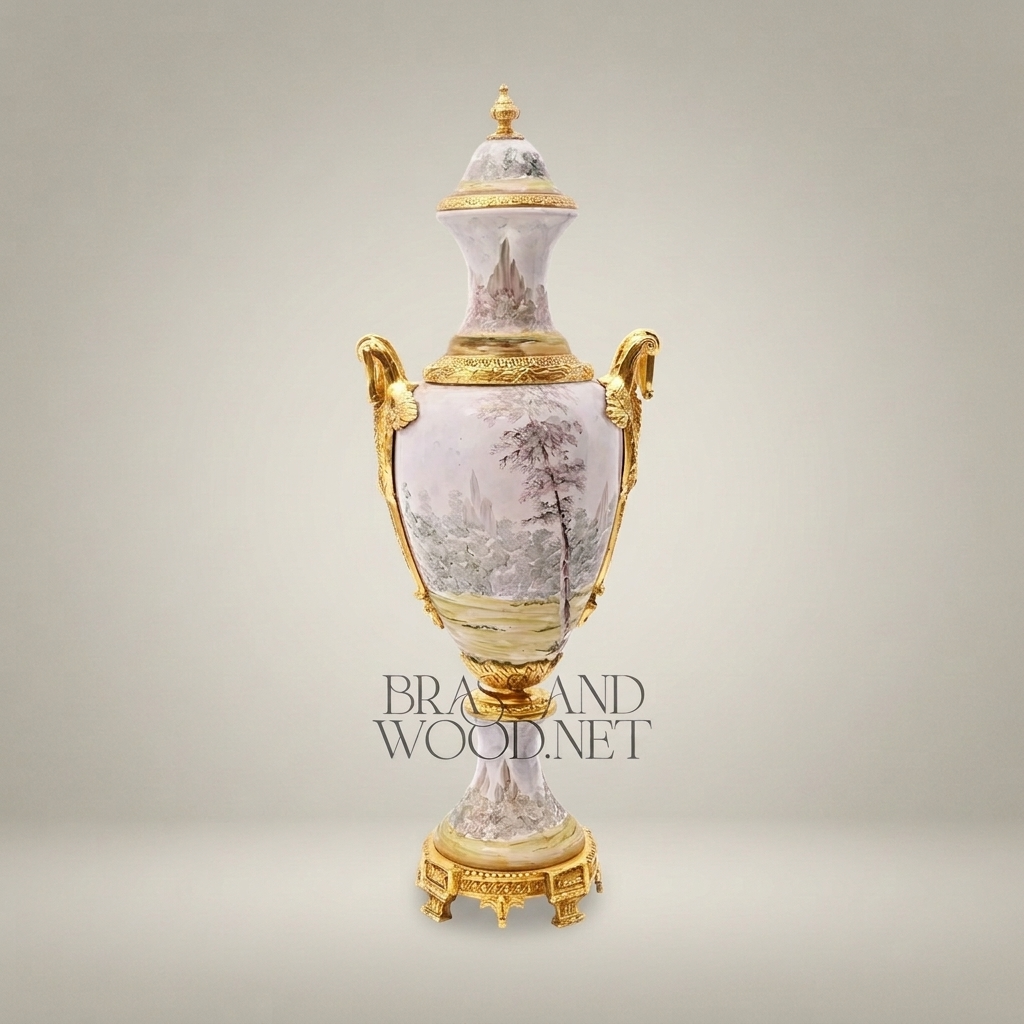 Sèvres-Style Hand-Painted Porcelain Urn Vase with Ormolu Mounts & Landscape Scene