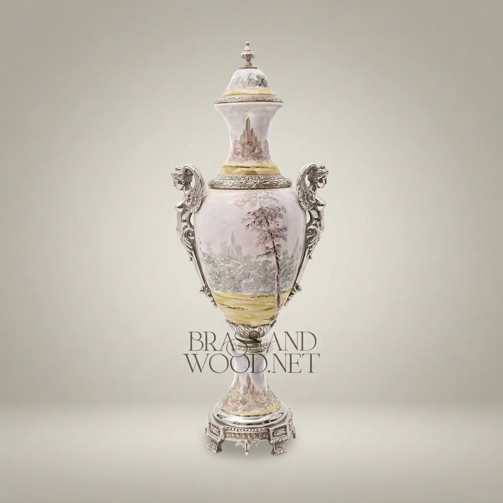 Sèvres-Style Hand-Painted Porcelain Urn Vase with Ormolu Mounts & Landscape Scene — Silver