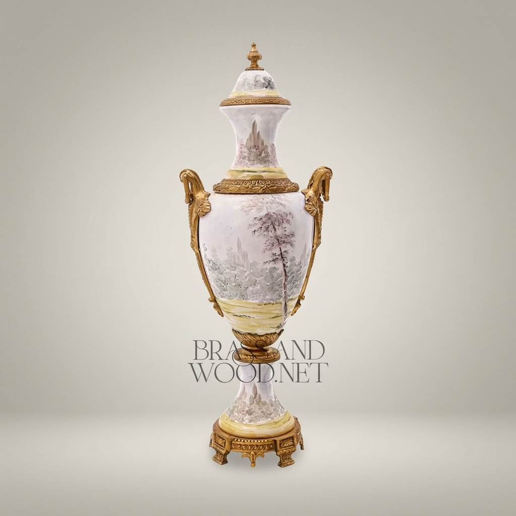Sèvres-Style Hand-Painted Porcelain Urn Vase with Ormolu Mounts & Landscape Scene — Antique Gold