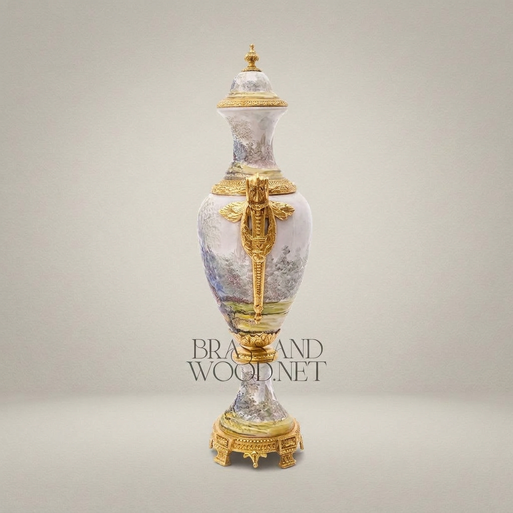 Sèvres-Style Hand-Painted Porcelain Urn Vase with Ormolu Mounts & Landscape Scene