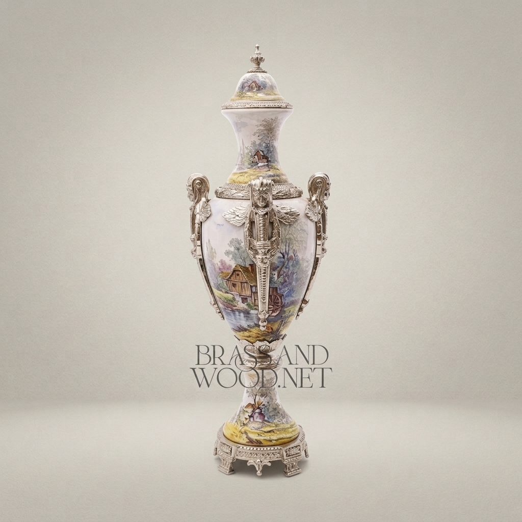 Sèvres-Style Hand-Painted Porcelain Urn Vase with Ormolu Mounts & Landscape Scene — Silver