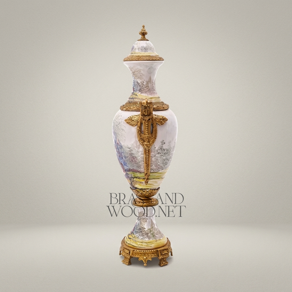 Sèvres-Style Hand-Painted Porcelain Urn Vase with Ormolu Mounts & Landscape Scene — Antique Gold