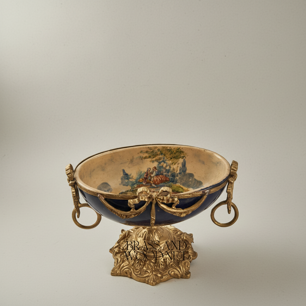 Sèvres-Style Neoclassical Brass & Ceramic 3-Piece Vase Set with Cobalt Blue Panels and Floral Cartouches — Antique Gold