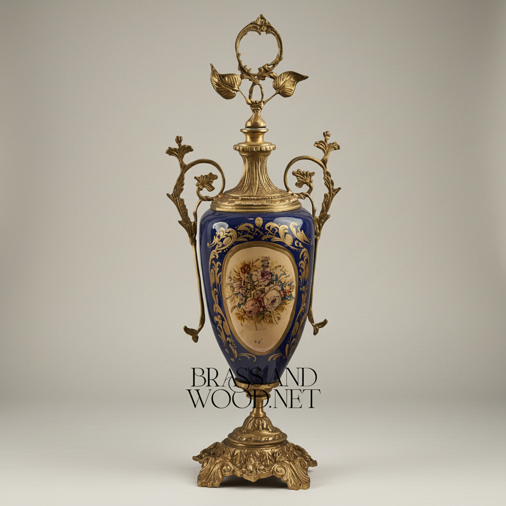 Sèvres-Style Neoclassical Brass & Ceramic 3-Piece Vase Set with Cobalt Blue Panels and Floral Cartouches — Antique Gold