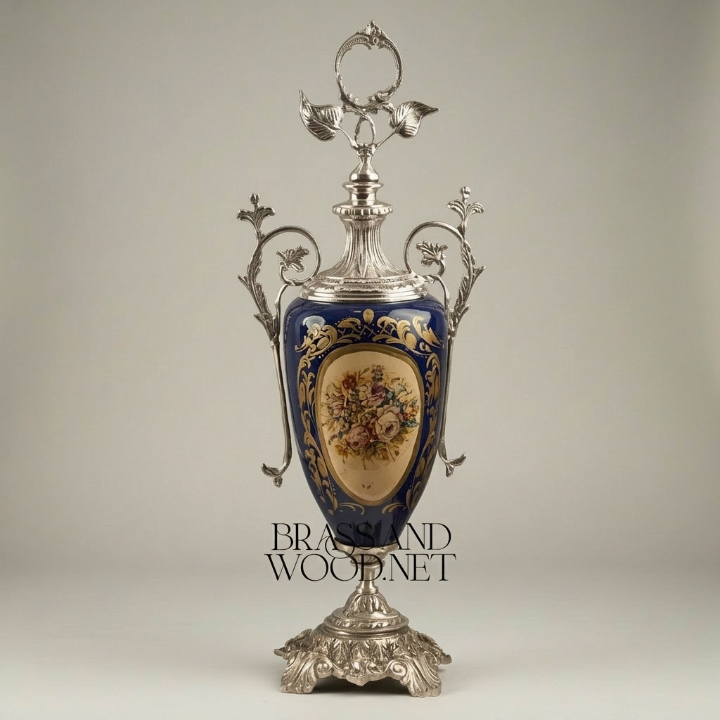 Sèvres-Style Neoclassical Brass & Ceramic 3-Piece Vase Set with Cobalt Blue Panels and Floral Cartouches — Silver