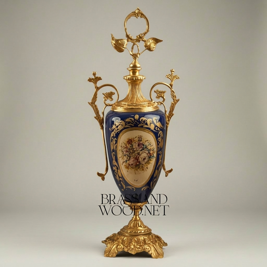 Sèvres-Style Neoclassical Brass & Ceramic 3-Piece Vase Set with Cobalt Blue Panels and Floral Cartouches