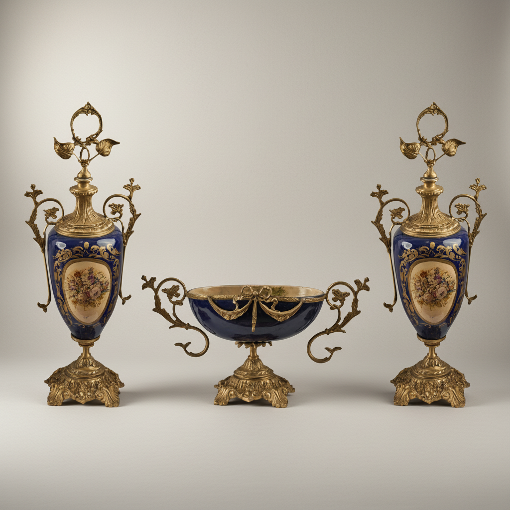 Sèvres-Style Neoclassical Brass & Ceramic 3-Piece Vase Set with Cobalt Blue Panels and Floral Cartouches — Antique Gold
