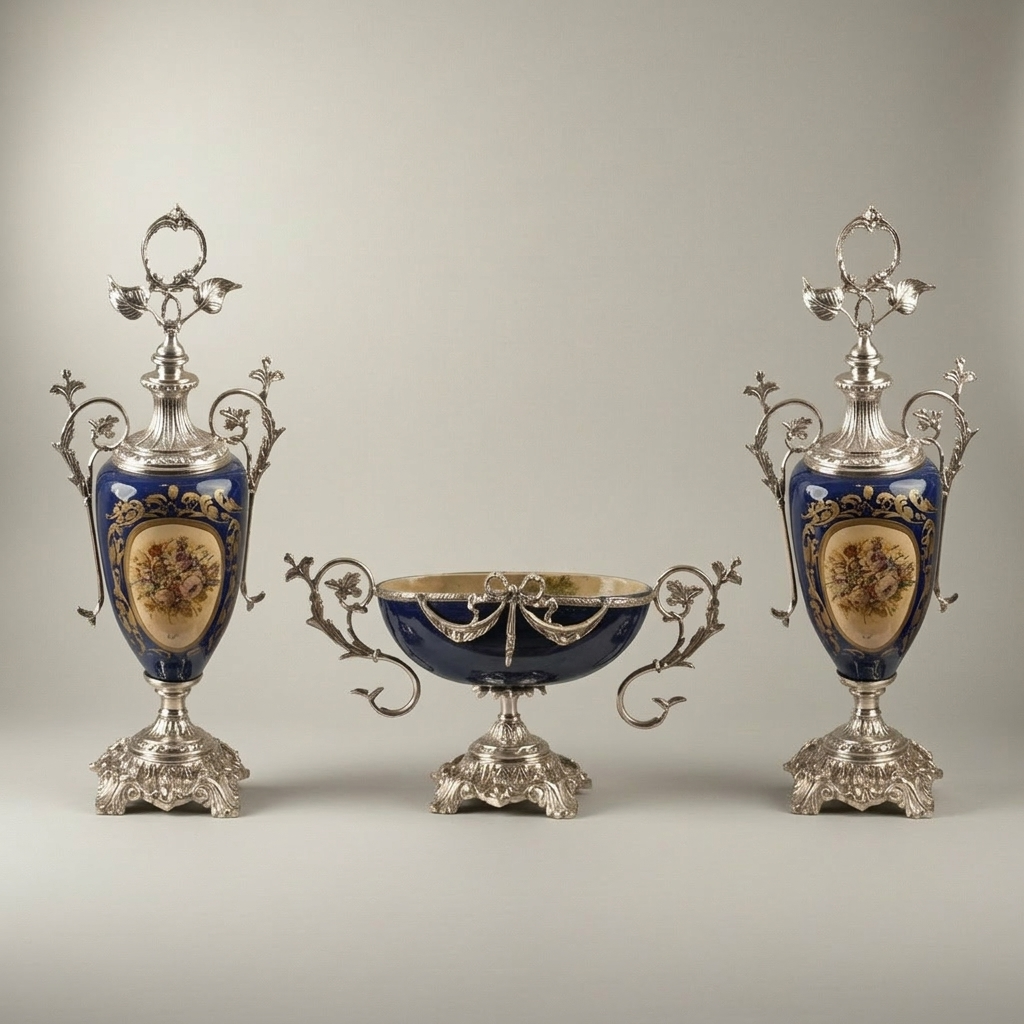 Sèvres-Style Neoclassical Brass & Ceramic 3-Piece Vase Set with Cobalt Blue Panels and Floral Cartouches — Silver