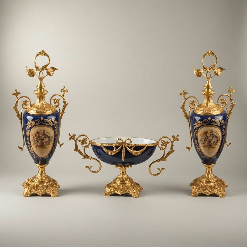 Sèvres-Style Neoclassical Brass & Ceramic 3-Piece Vase Set with Cobalt Blue Panels and Floral Cartouches