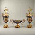 Sèvres-Style Neoclassical Brass & Ceramic 3-Piece Vase Set with Cobalt Blue Panels and Floral Cartouches — Gold