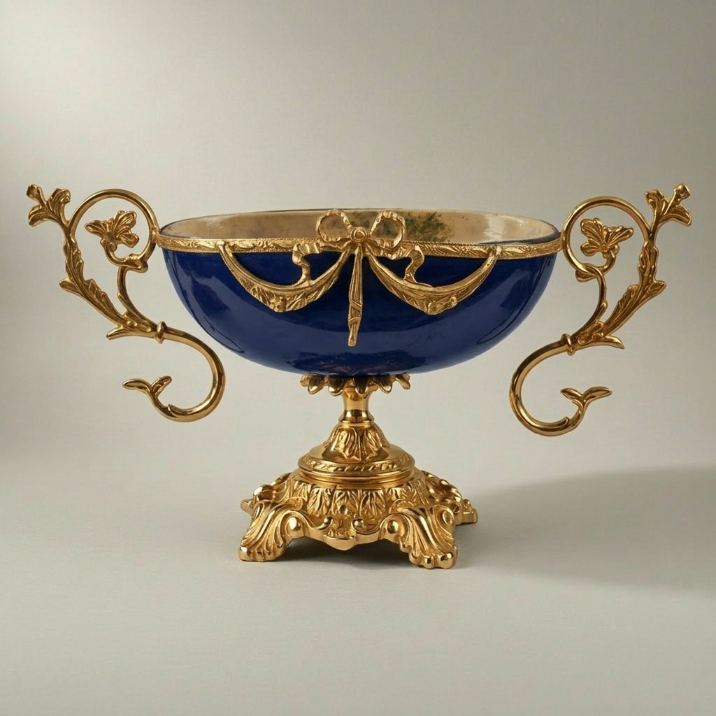 Sèvres-Style Neoclassical Brass & Ceramic 3-Piece Vase Set with Cobalt Blue Panels and Floral Cartouches — Gold