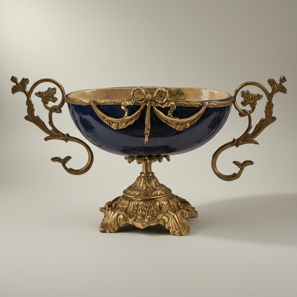 Sèvres-Style Neoclassical Brass & Ceramic 3-Piece Vase Set with Cobalt Blue Panels and Floral Cartouches — Antique Gold