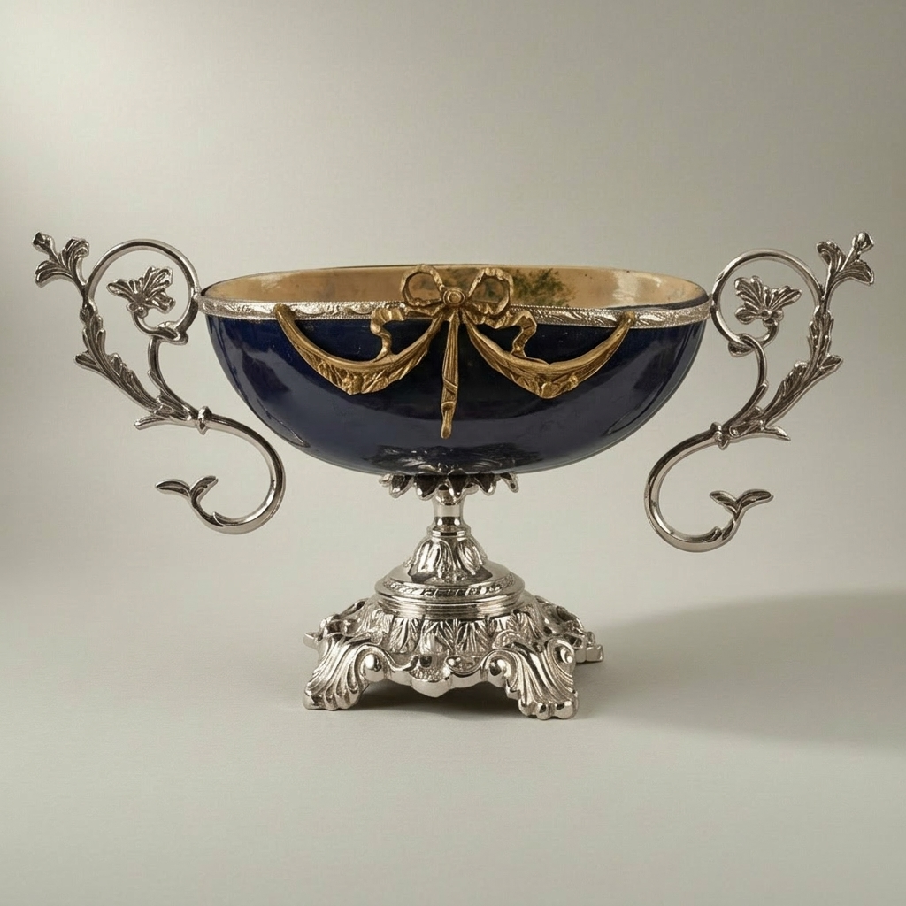 Sèvres-Style Neoclassical Brass & Ceramic 3-Piece Vase Set with Cobalt Blue Panels and Floral Cartouches — Silver