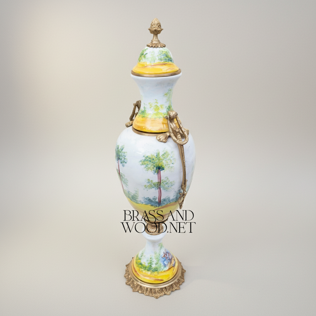 Sèvres-Style Porcelain 3-Piece Garniture Set with Hand-Painted Pastoral Scenes & Brass Mounts — Antique Gold