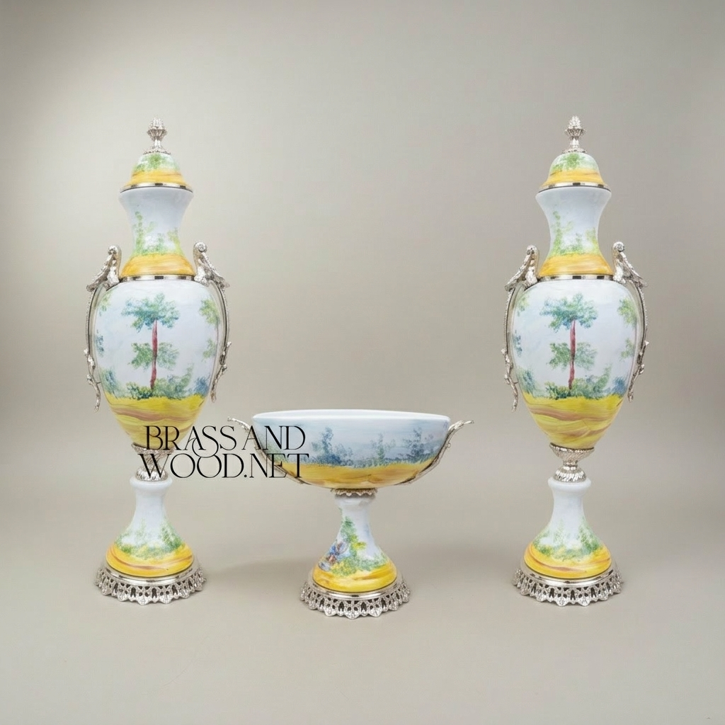 Sèvres-Style Porcelain 3-Piece Garniture Set with Hand-Painted Pastoral Scenes & Brass Mounts — Silver