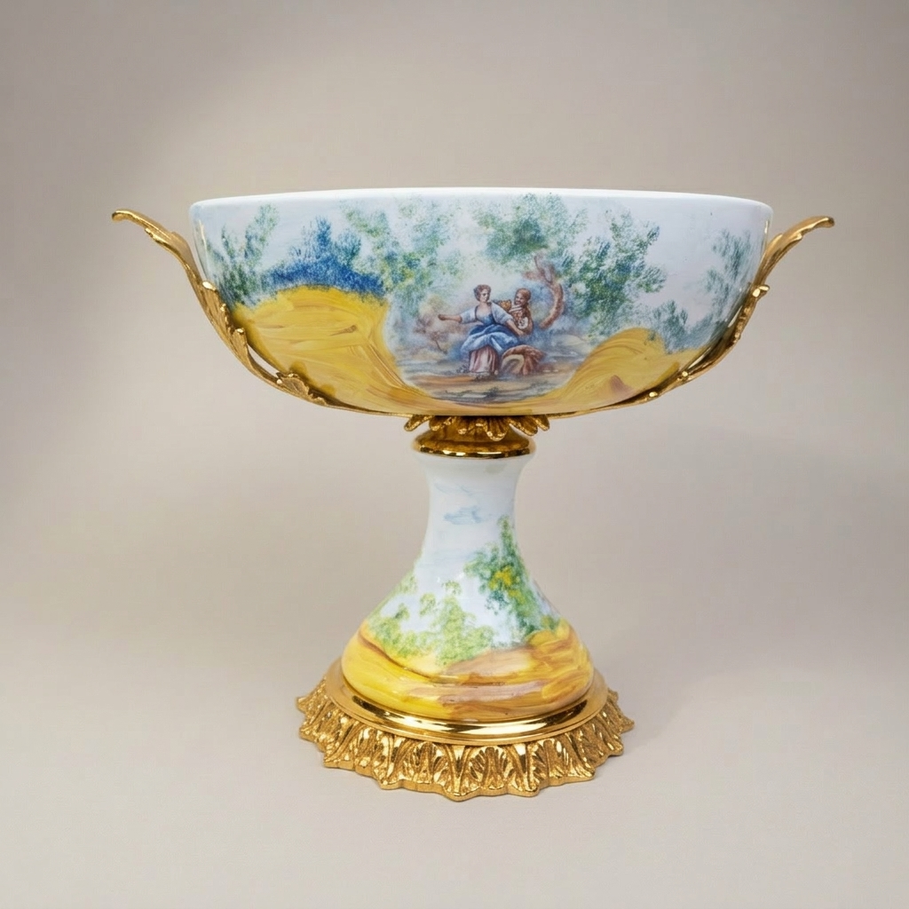 Sèvres-Style Porcelain 3-Piece Garniture Set with Hand-Painted Pastoral Scenes & Brass Mounts — Gold