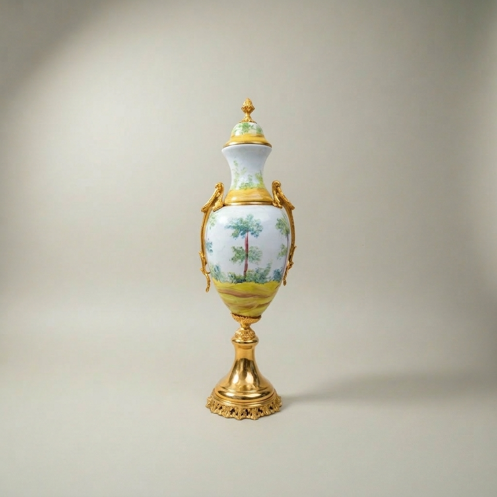 Sèvres-Style Porcelain 3-Piece Garniture Set with Hand-Painted Pastoral Scenes & Brass Mounts