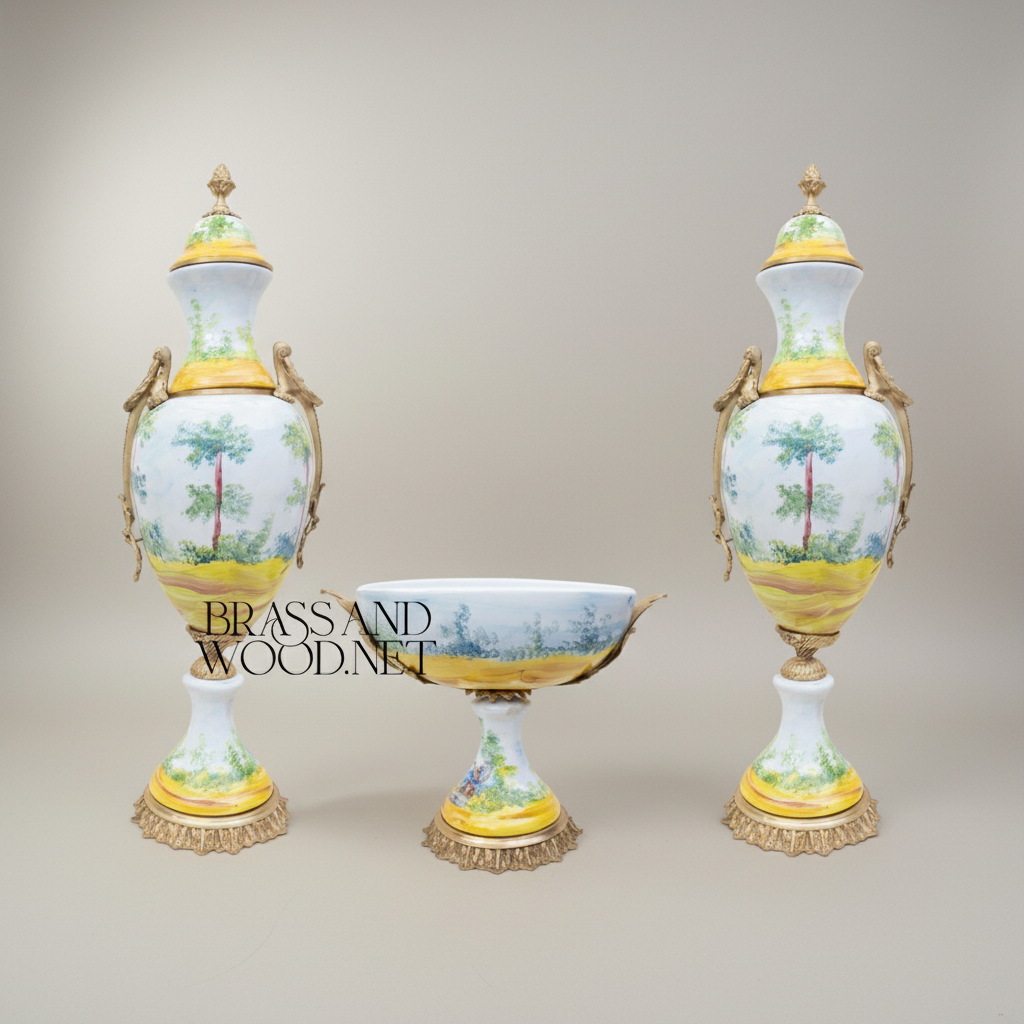 Sèvres-Style Porcelain 3-Piece Garniture Set with Hand-Painted Pastoral Scenes & Brass Mounts — Antique Gold