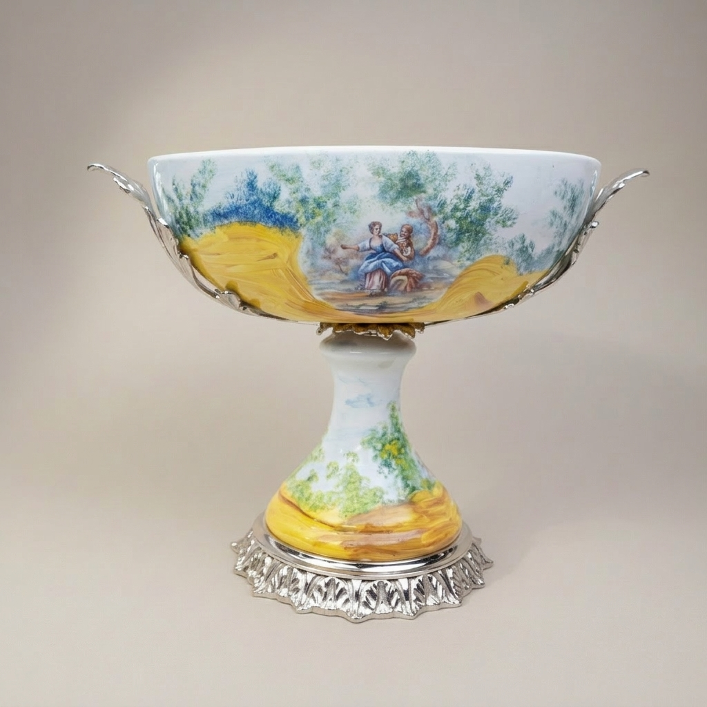 Sèvres-Style Porcelain 3-Piece Garniture Set with Hand-Painted Pastoral Scenes & Brass Mounts — Silver