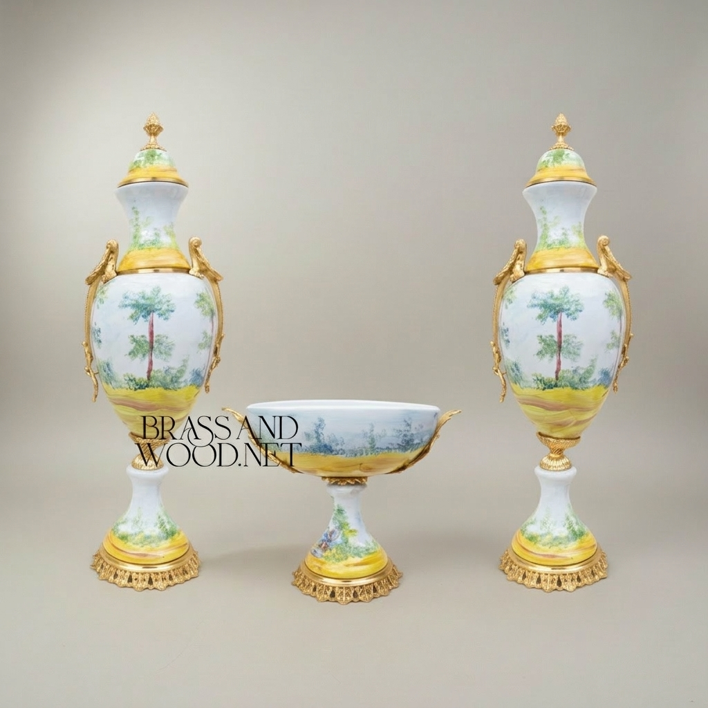 Sèvres-Style Porcelain 3-Piece Garniture Set with Hand-Painted Pastoral Scenes & Brass Mounts