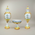 Sèvres-Style Porcelain 3-Piece Garniture Set with Hand-Painted Pastoral Scenes & Brass Mounts — Gold