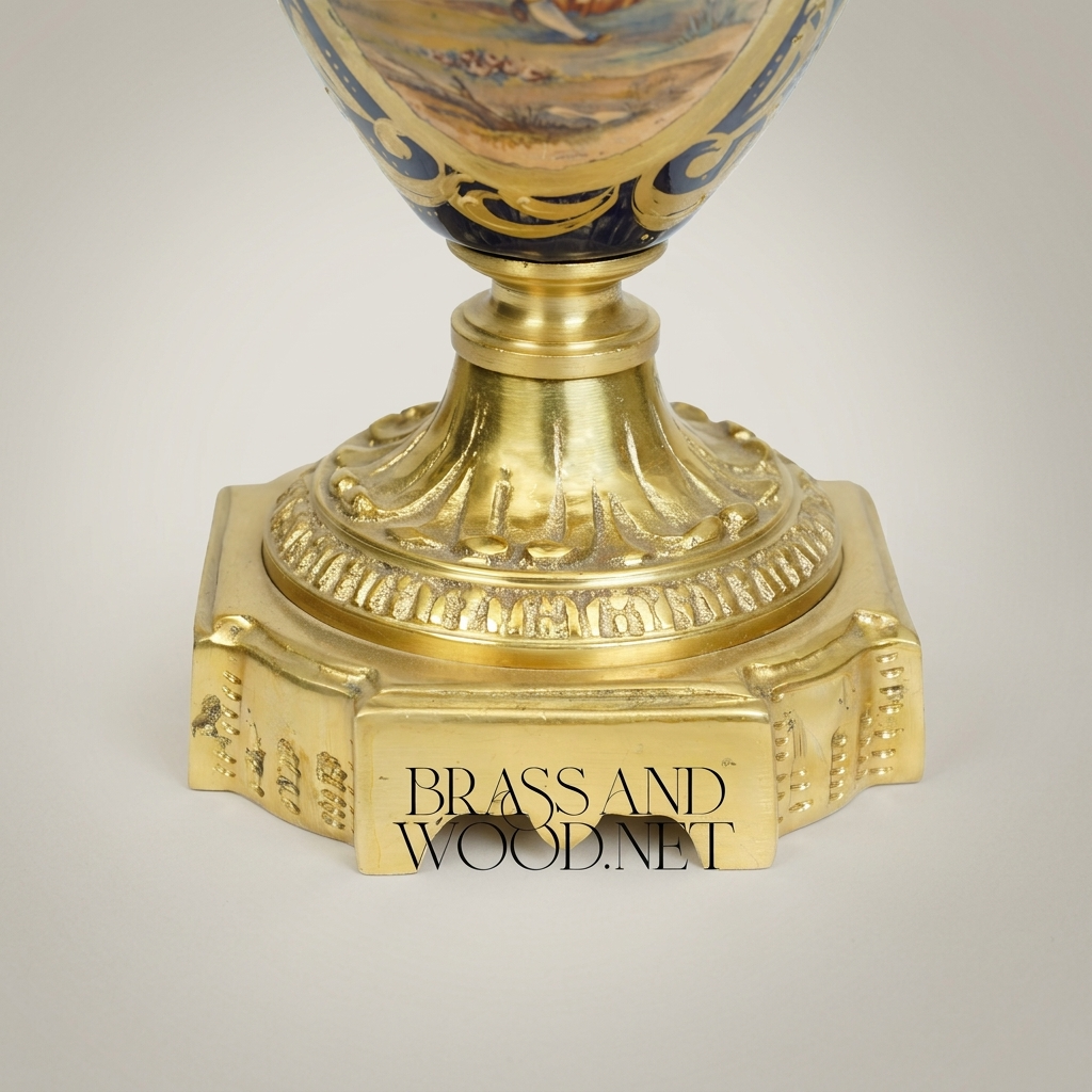 Sèvres-Style Porcelain & Brass Candelabra - Cobalt Blue Vase with 5-Arm Floral Crown — Antique Gold