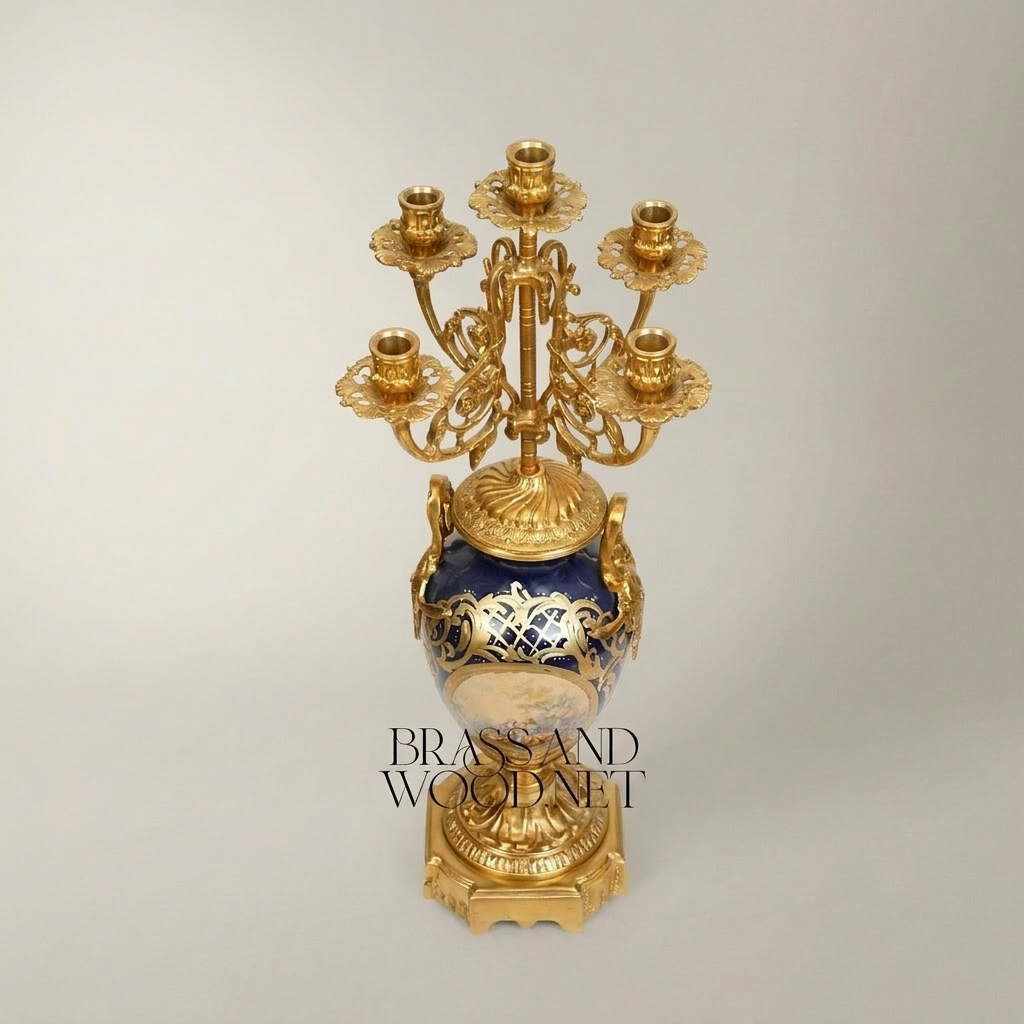 Sèvres-Style Porcelain & Brass Candelabra - Cobalt Blue Vase with 5-Arm Floral Crown — Gold