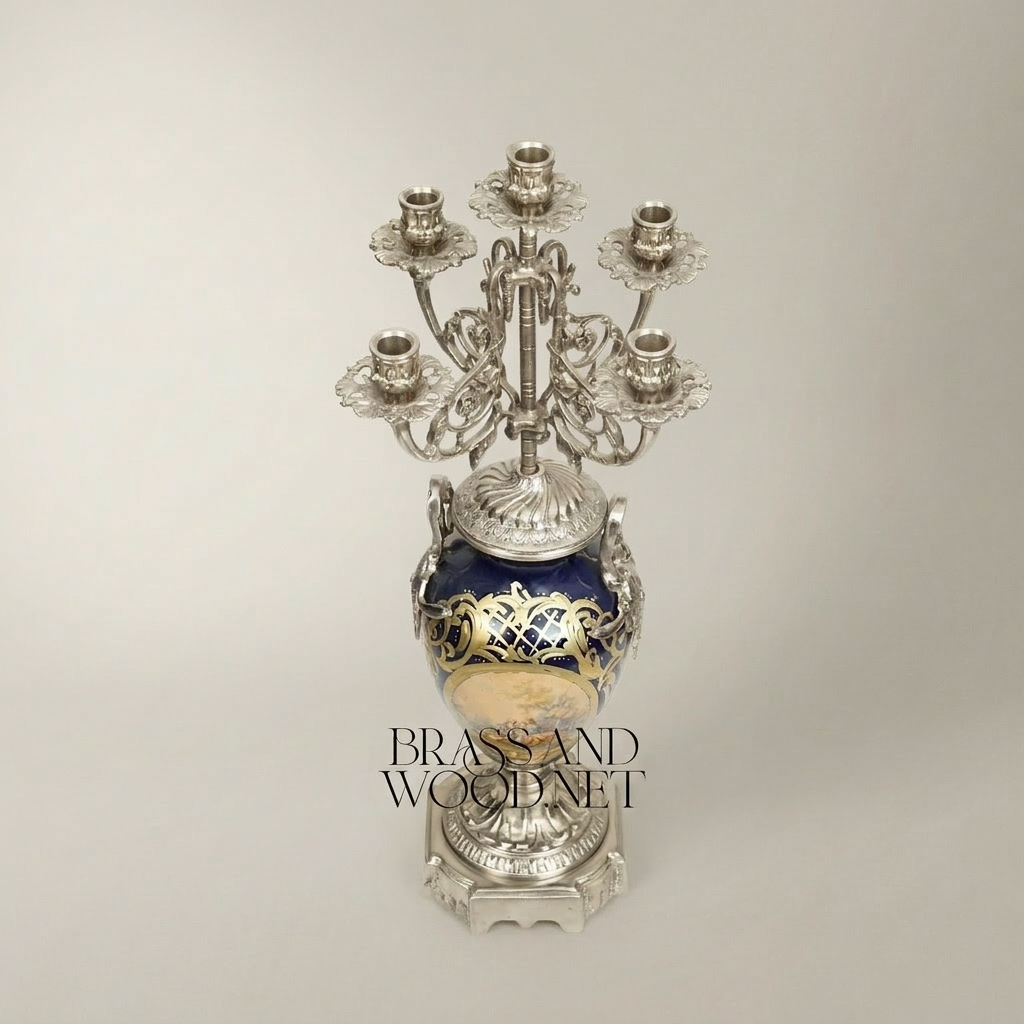 Sèvres-Style Porcelain & Brass Candelabra - Cobalt Blue Vase with 5-Arm Floral Crown — Silver