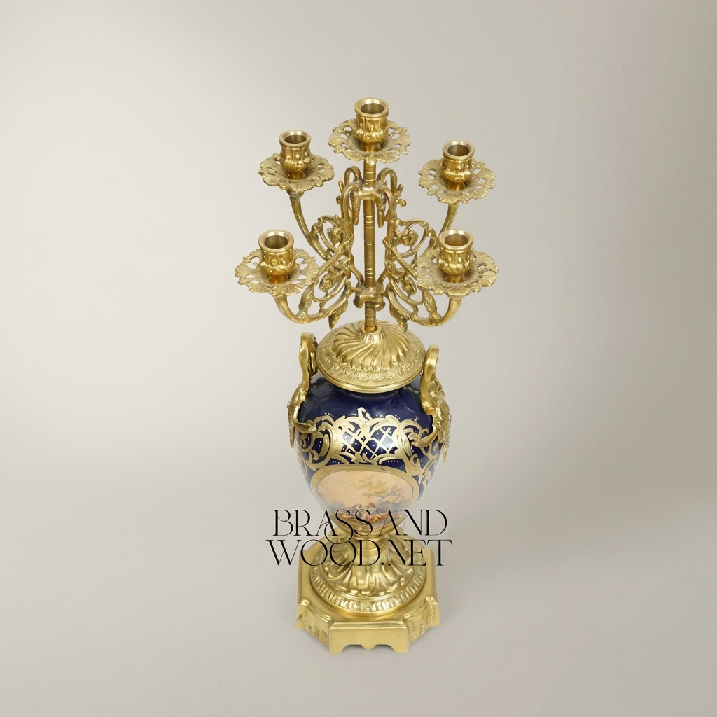Sèvres-Style Porcelain & Brass Candelabra - Cobalt Blue Vase with 5-Arm Floral Crown — Antique Gold