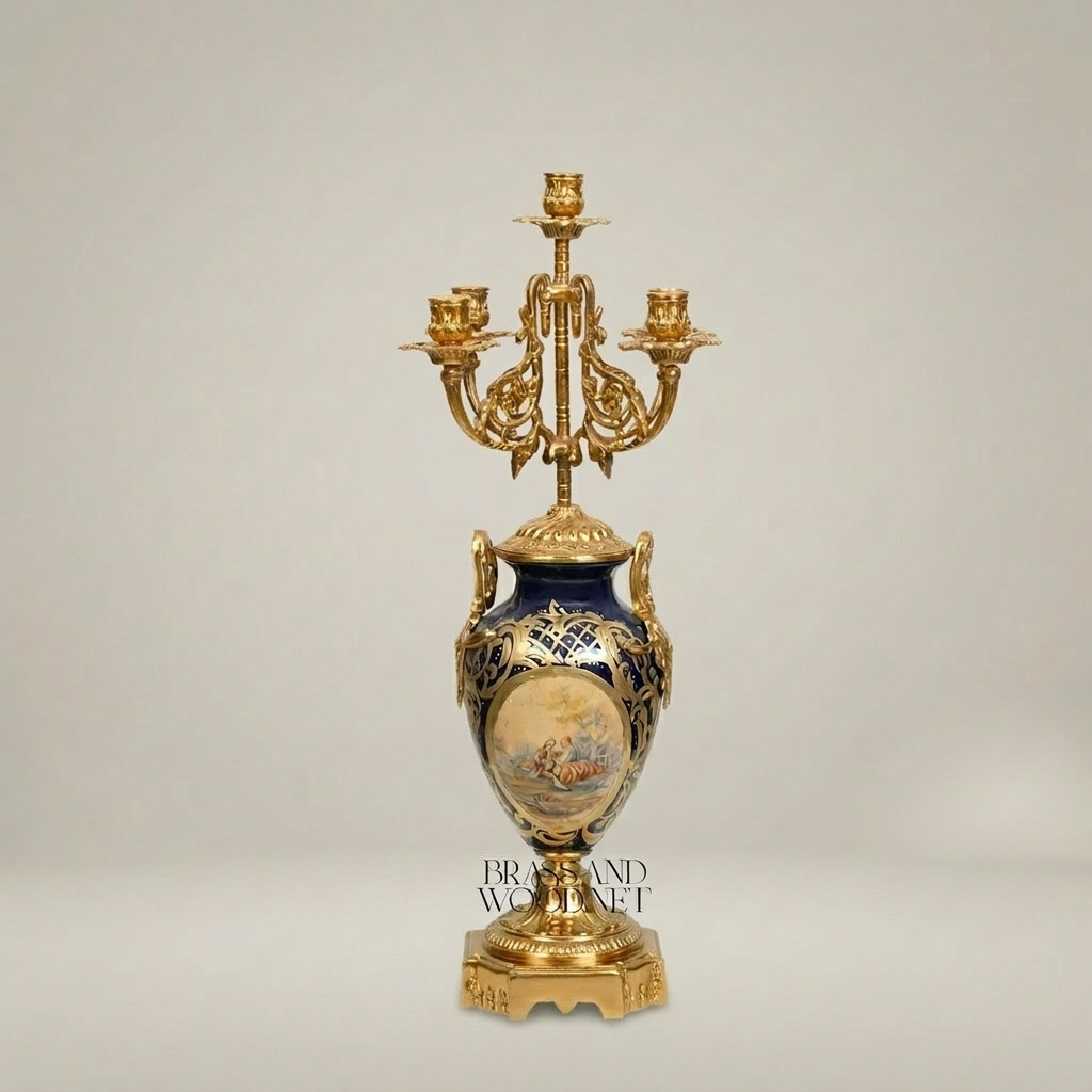 Sèvres-Style Porcelain & Brass Candelabra - Cobalt Blue Vase with 5-Arm Floral Crown — Gold