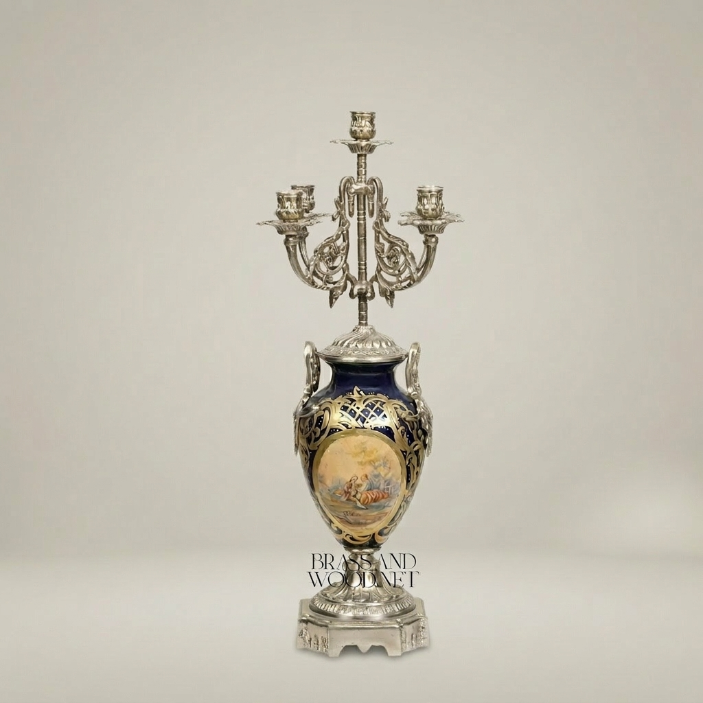 Sèvres-Style Porcelain & Brass Candelabra - Cobalt Blue Vase with 5-Arm Floral Crown — Silver