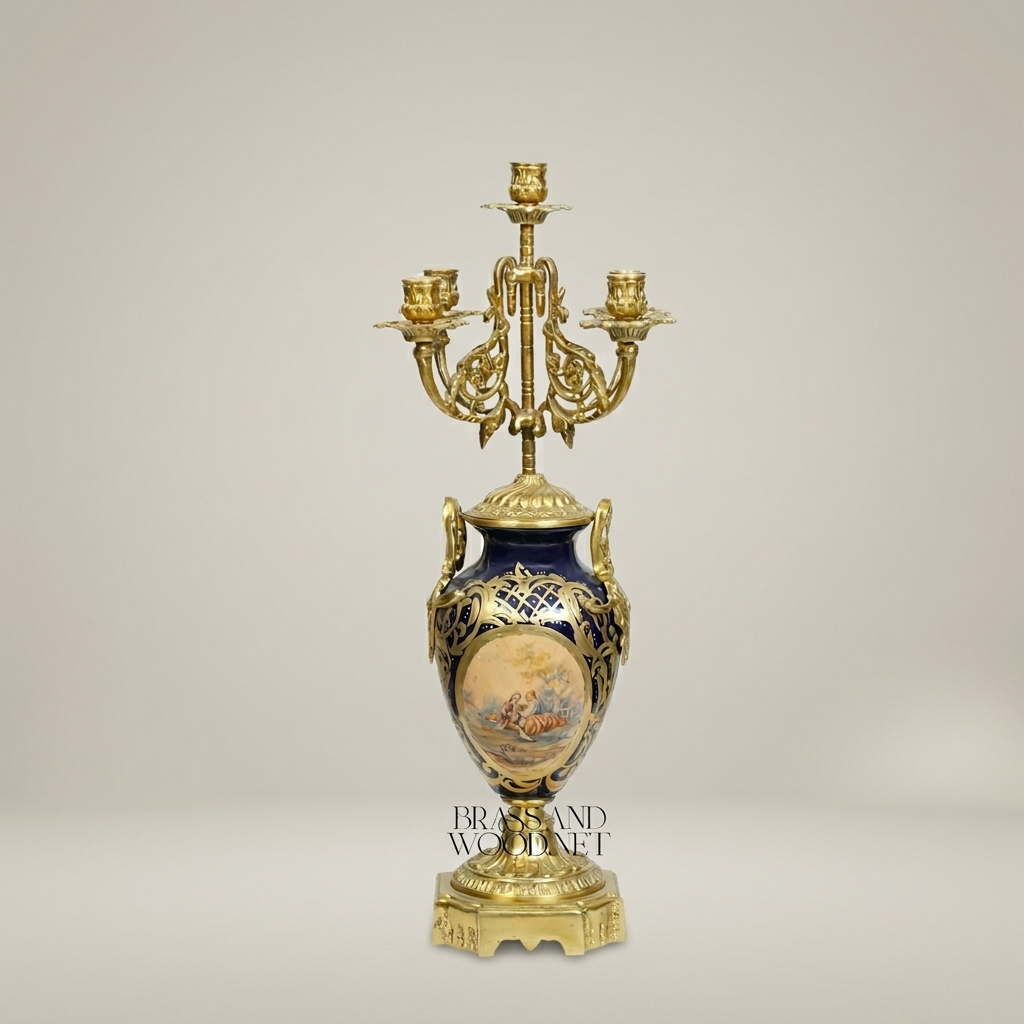 Sèvres-Style Porcelain & Brass Candelabra - Cobalt Blue Vase with 5-Arm Floral Crown — Antique Gold