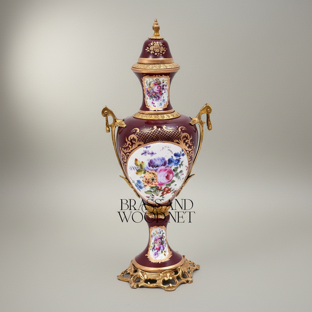 Sèvres-Style Porcelain & Brass Garniture Set - Burgundy Floral Hand-Painted Urns with Lidded Centrepiece — Antique Gold