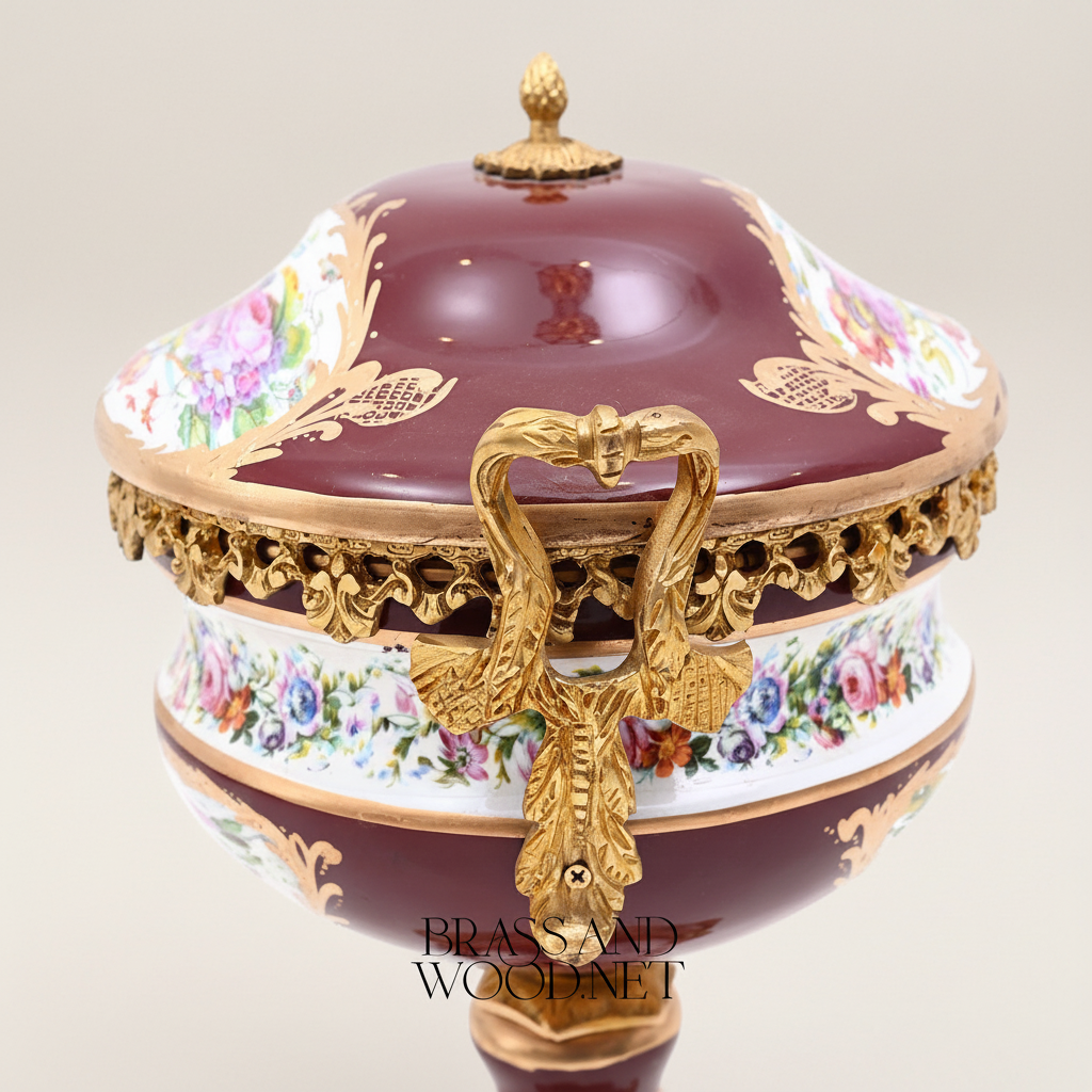 Sèvres-Style Porcelain & Brass Garniture Set - Burgundy Floral Hand-Painted Urns with Lidded Centrepiece — Antique Gold