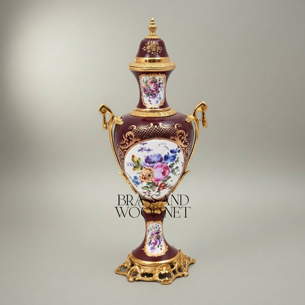 Sèvres-Style Porcelain & Brass Garniture Set - Burgundy Floral Hand-Painted Urns with Lidded Centrepiece — Gold