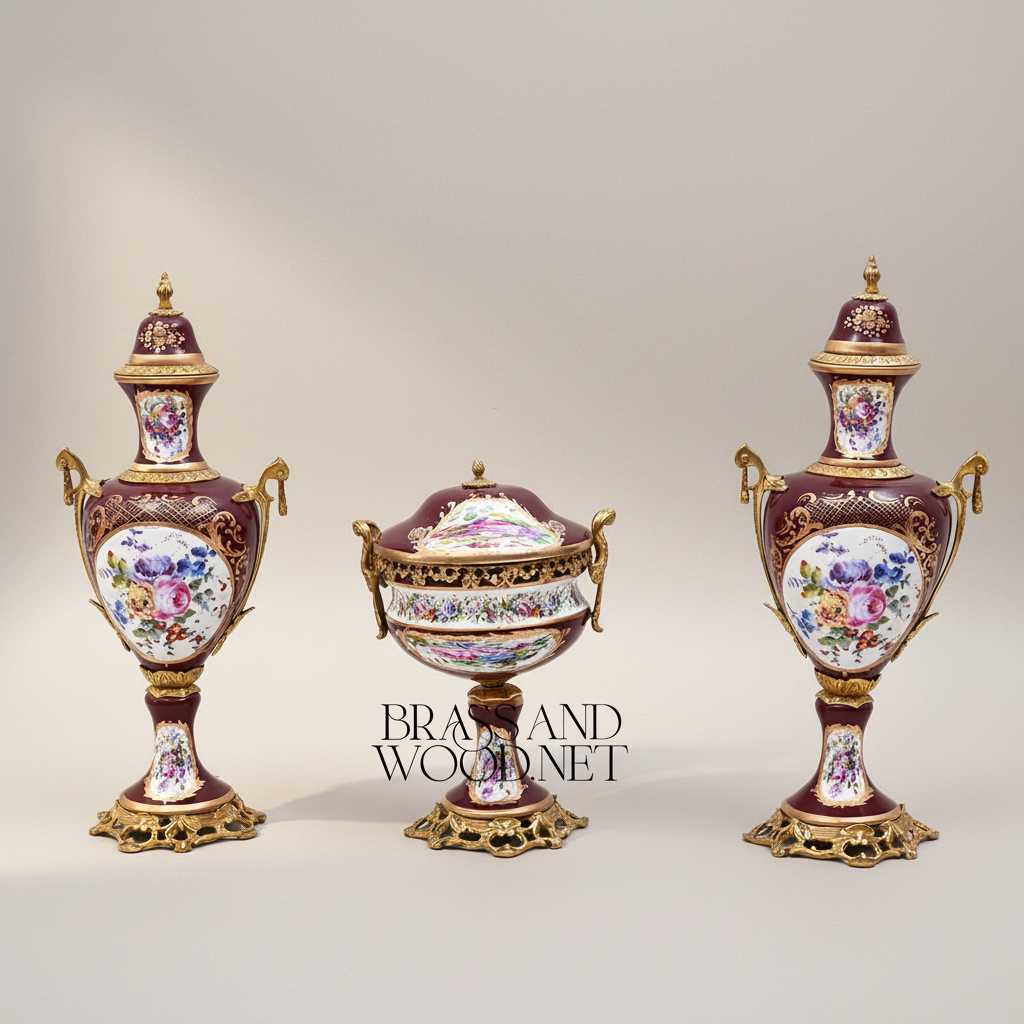 Sèvres-Style Porcelain & Brass Garniture Set - Burgundy Floral Hand-Painted Urns with Lidded Centrepiece — Antique Gold