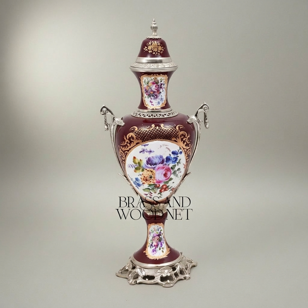 Sèvres-Style Porcelain & Brass Garniture Set - Burgundy Floral Hand-Painted Urns with Lidded Centrepiece — Silver