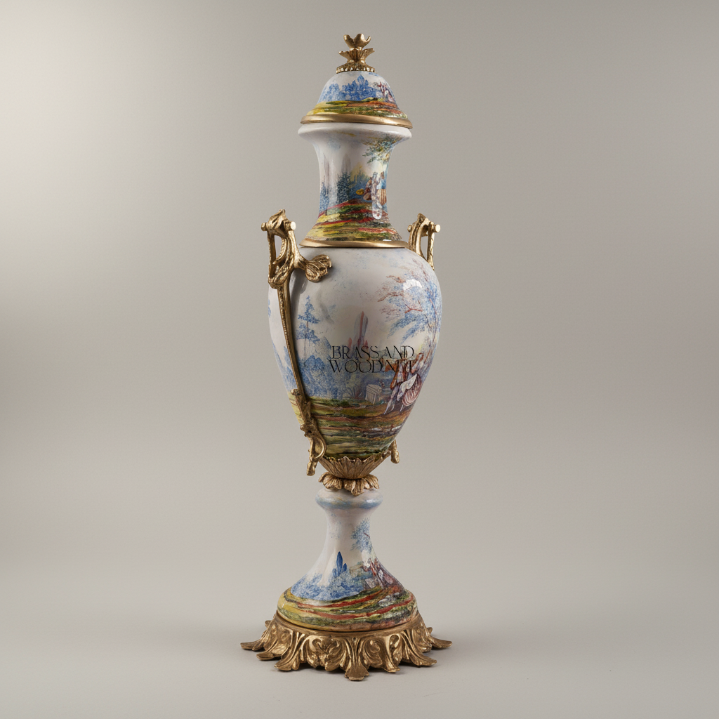 Sèvres-Style Porcelain & Brass Garniture Set - Hand-Painted Scenic Landscape Urns with Tazza — Antique Gold