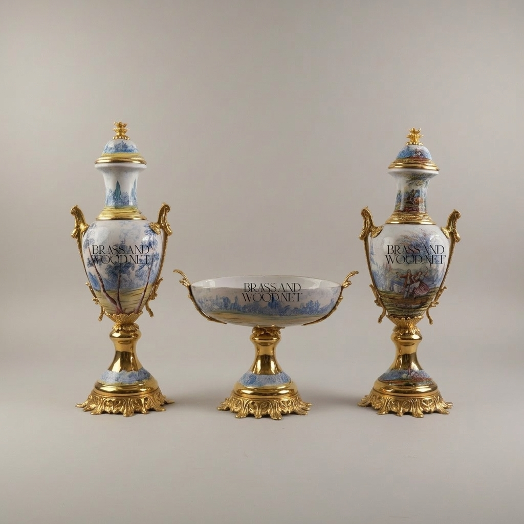 Sèvres-Style Porcelain & Brass Garniture Set - Hand-Painted Scenic Landscape Urns with Tazza — Gold