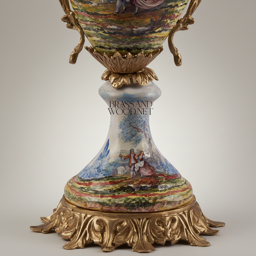 Sèvres-Style Porcelain & Brass Garniture Set - Hand-Painted Scenic Landscape Urns with Tazza — Antique Gold