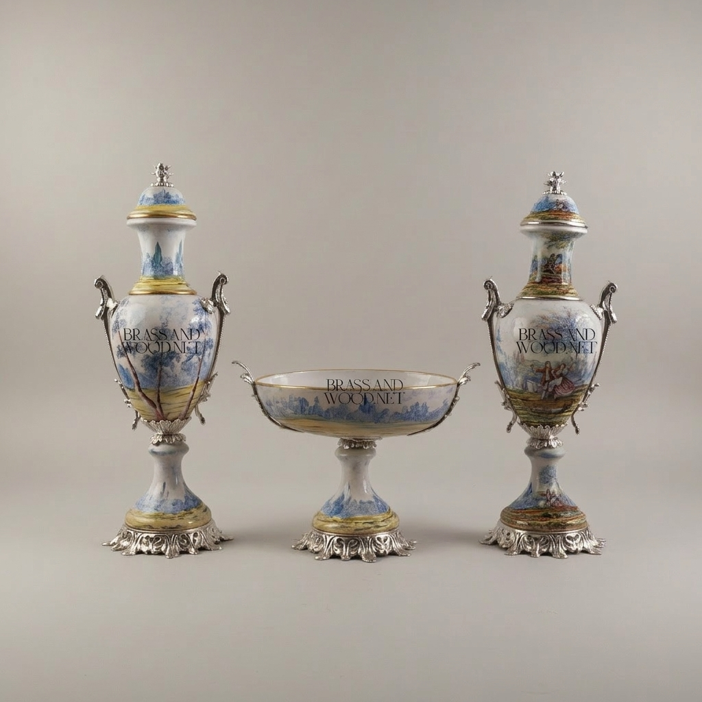 Sèvres-Style Porcelain & Brass Garniture Set - Hand-Painted Scenic Landscape Urns with Tazza — Silver