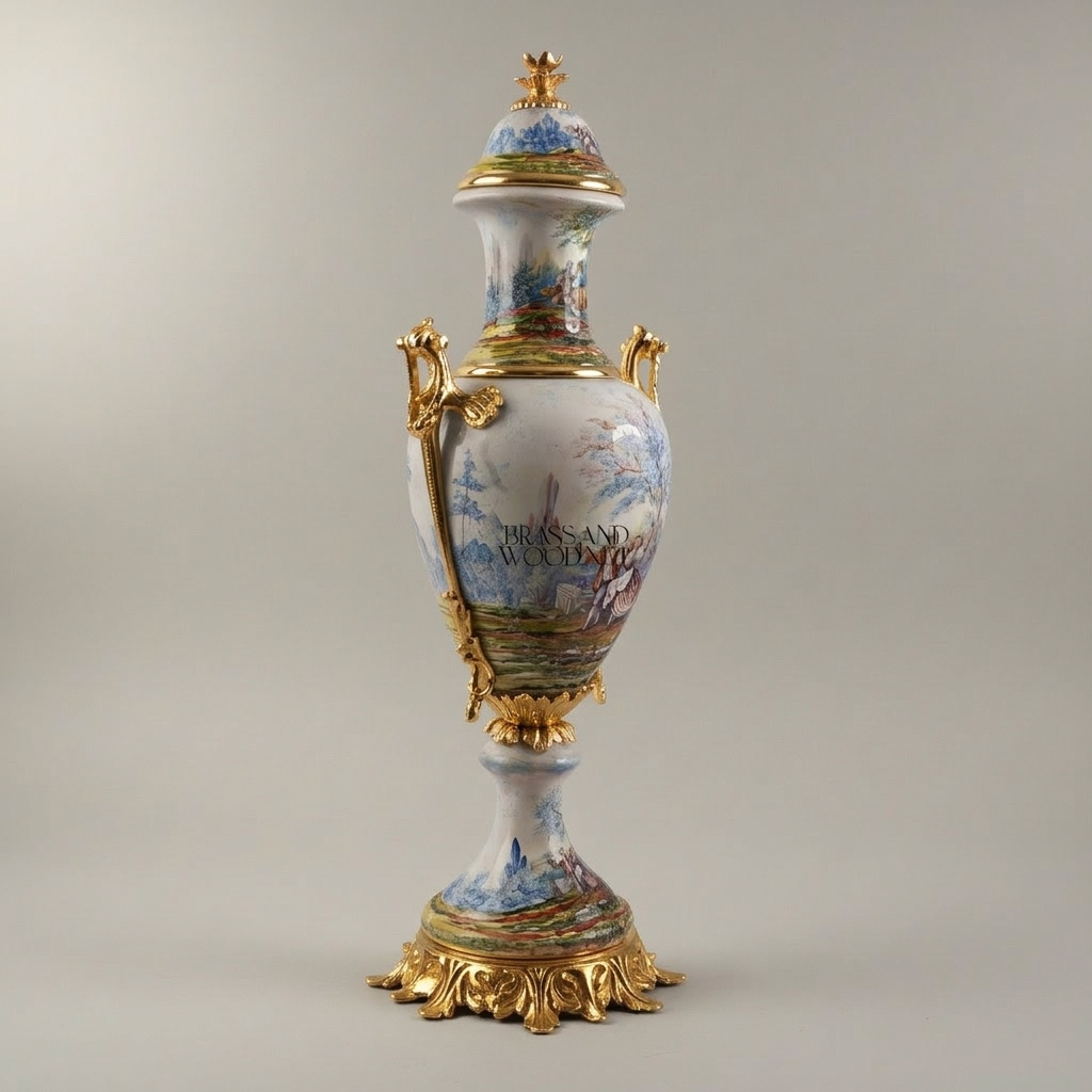 Sèvres-Style Porcelain & Brass Garniture Set - Hand-Painted Scenic Landscape Urns with Tazza