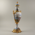 Sèvres-Style Porcelain & Brass Garniture Set - Hand-Painted Scenic Landscape Urns with Tazza — Gold