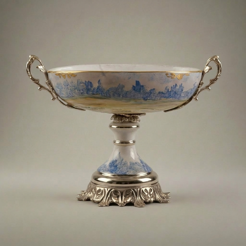 Sèvres-Style Porcelain & Brass Garniture Set - Hand-Painted Scenic Landscape Urns with Tazza — Silver