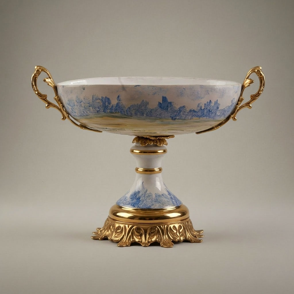 Sèvres-Style Porcelain & Brass Garniture Set - Hand-Painted Scenic Landscape Urns with Tazza — Gold