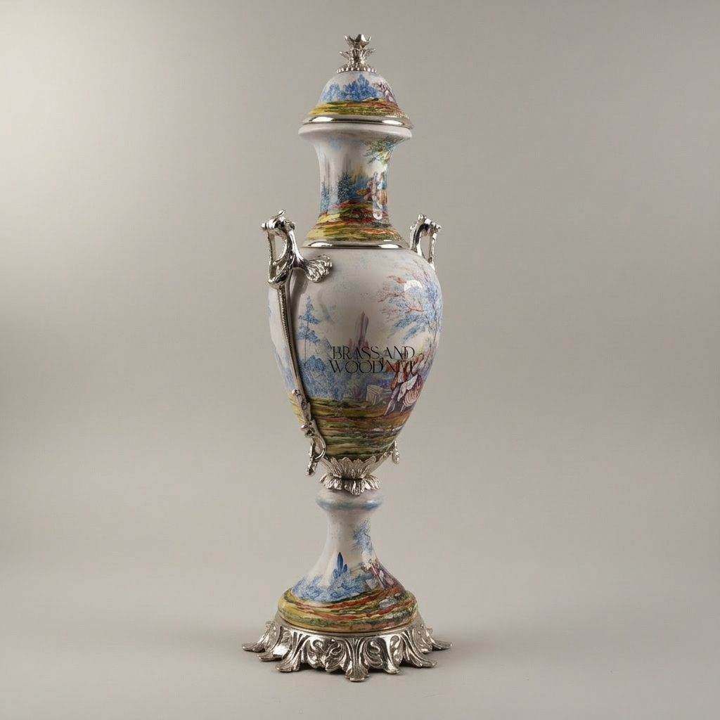 Sèvres-Style Porcelain & Brass Garniture Set - Hand-Painted Scenic Landscape Urns with Tazza — Silver