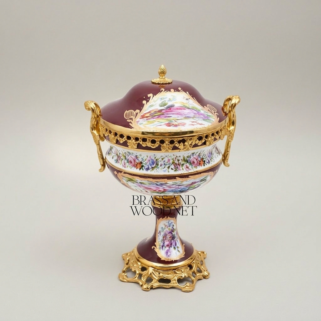 Sèvres-Style Porcelain & Brass Garniture Set - Burgundy Floral Hand-Painted Urns with Lidded Centrepiece